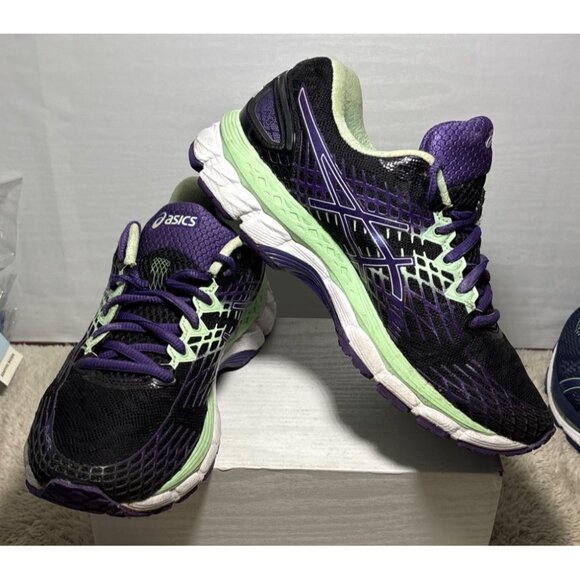 Asics Gel Nimbus 18 Running Shoes Womens Black Purple Green T557N Size 6.5 - Picture 2 of 14